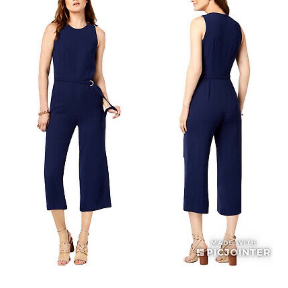 Michael Kors Sleeveless Belted Jumpsuit Navy Blue Size S